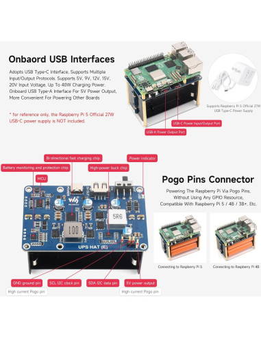 UPS HAT (E) Waveshare para Raspberry Pi 5/4B/3B+, 5V 6A