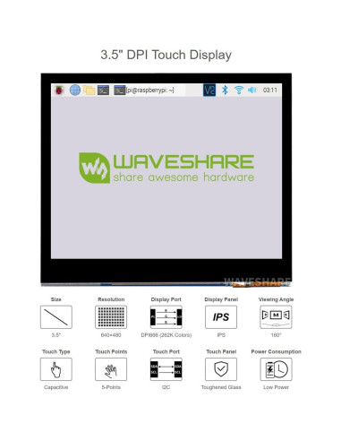 Pantalla táctil LCD 3.5" Waveshare para Raspberry Pi 640x480