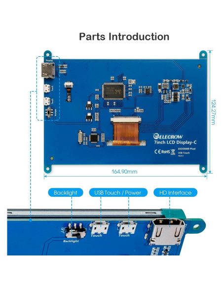 Pantalla Táctil 7" ELECROW 1024x600 IPS para Raspberry Pi