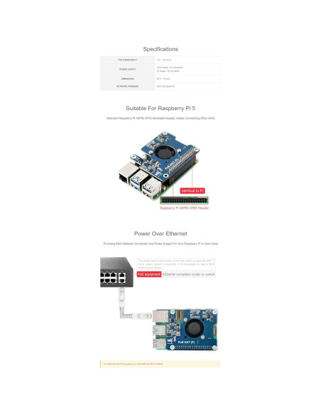 Power Over Ethernet HAT Iiunius para Raspberry Pi 5 con Ventilador