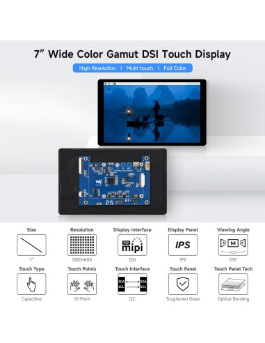 Pantalla Táctil DSI 7" Waveshare 1280x800 IPS para Raspberry Pi