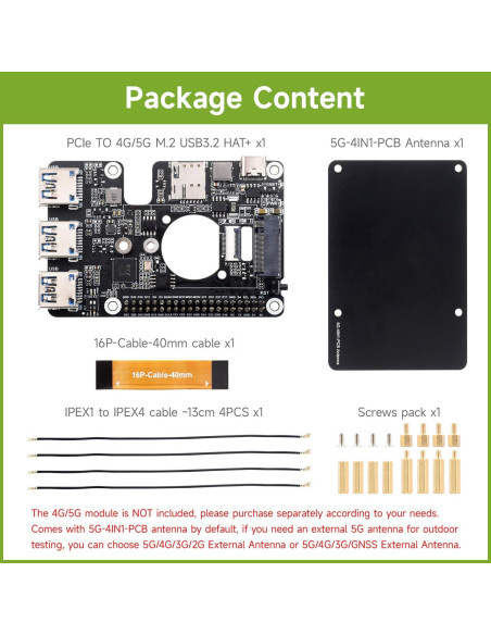 Módem Celular 4G/5G Waveshare PCIe a M.2 HAT USB 3.2