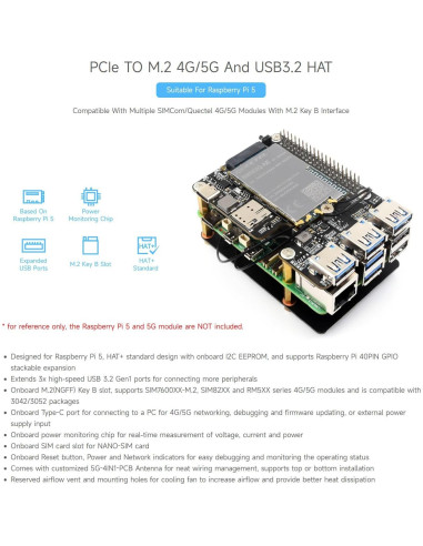 Módem Celular 4G/5G Waveshare PCIe a M.2 HAT USB 3.2