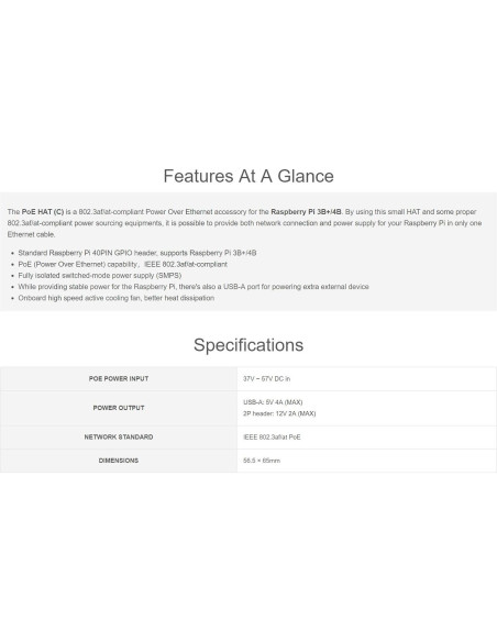 Waveshare PoE HAT C para Raspberry Pi 3B+/4B, 12V y 5V