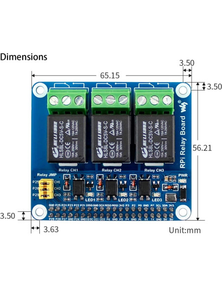 Placa de Relé RPi Waveshare 3 Canales 5A 250V CA