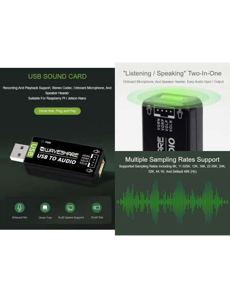 Tarjeta de Sonido USB Waveshare para Raspberry Pi y Jetson Nano