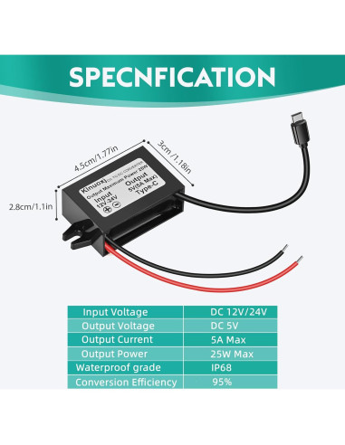 Convertidor DC 12V/24V a 5V USB-C Klnuoxj 5A 25W Módulo