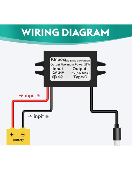 Convertidor DC 12V/24V a 5V USB-C Klnuoxj 5A 25W Módulo