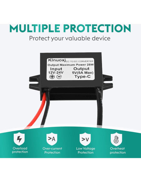 Convertidor DC 12V/24V a 5V USB-C Klnuoxj 5A 25W Módulo