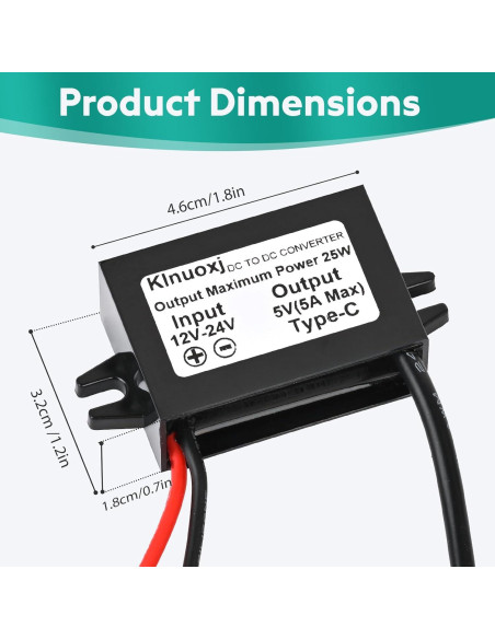 Convertidor DC 12V/24V a 5V USB-C Klnuoxj 5A 25W Módulo
