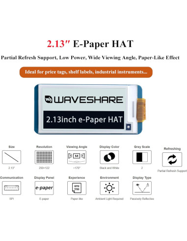 Pantalla E-Ink HAT 2.13" Waveshare 250x122 para Raspberry Pi