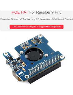 HAT PoE Waveshare para Raspberry Pi 5, 5V 4.5A, 12V 2A 2