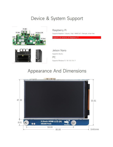 Pantalla LCD HDMI 3.2" Waveshare 480x800 para Raspberry Pi