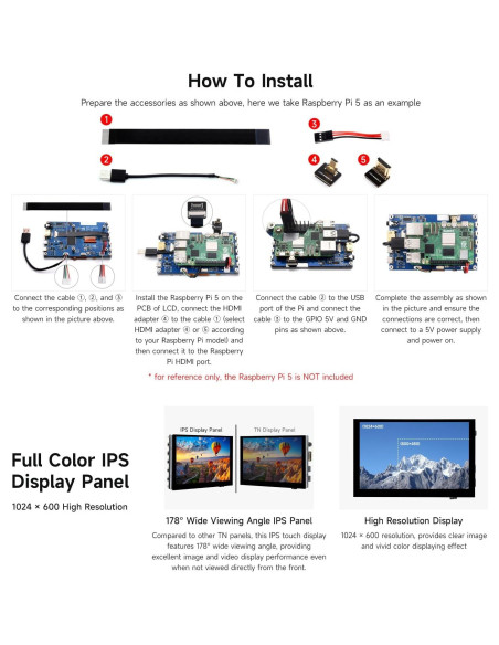 Pantalla Táctil 5" Waveshare 800cd/m IPS para Raspberry Pi