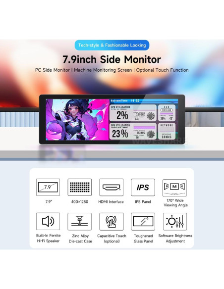 Pantalla IPS 7.9" Waveshare 400x1280 HDMI con Altavoz Hi-Fi