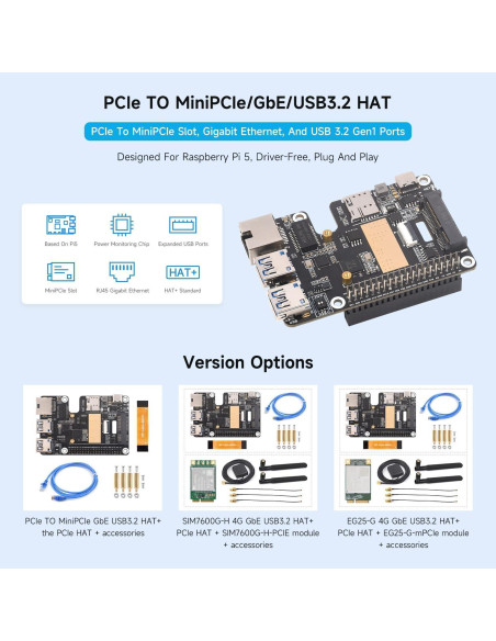 Waveshare PCIe a MiniPCIe Gigabit Ethernet USB 3.2 HAT
