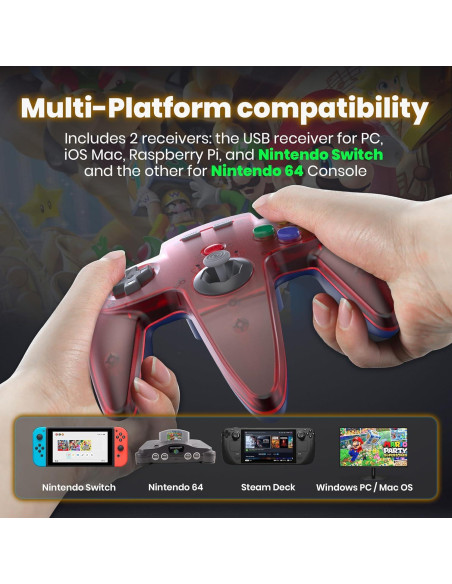 Controlador Inalámbrico N64 SAFFUN - 2.4 GHz, Rojo Transparente