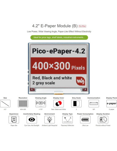 Módulo Pantalla E-Paper 4.2" Waveshare Pico 400x300 Rojo/Negro/Blanco