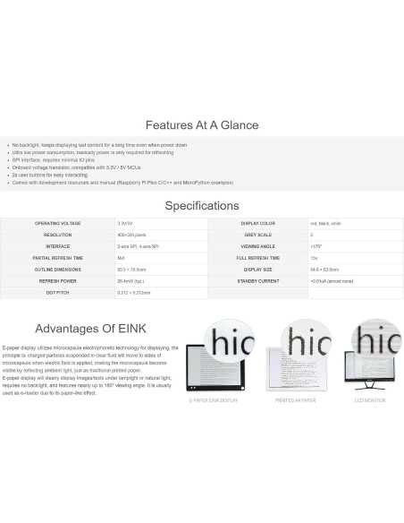 Módulo Pantalla E-Paper 4.2" Waveshare Pico 400x300 Rojo/Negro/Blanco