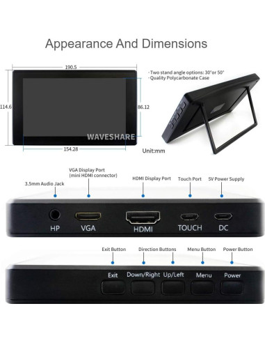 Pantalla LCD 7" Waveshare HDMI Táctil 1024x600 con Funda