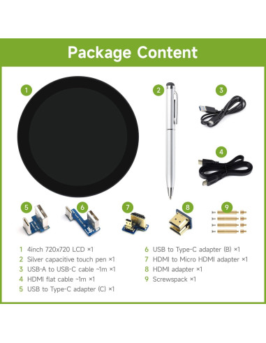 Pantalla Táctil Redonda HDMI Waveshare 10.16 cm 720p 10 Puntos