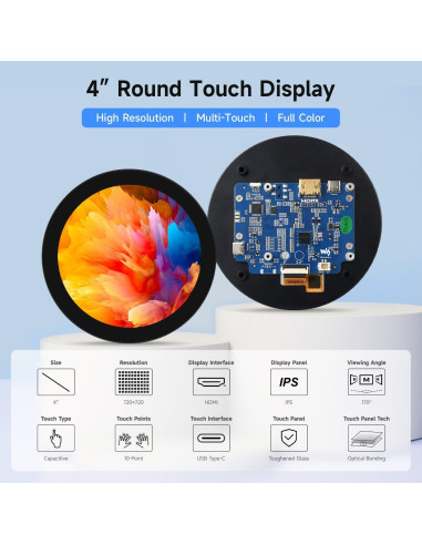 Pantalla Táctil Redonda HDMI Waveshare 10.16 cm 720p 10 Puntos