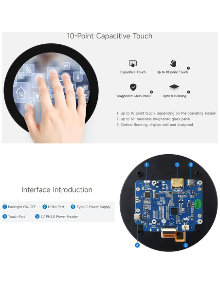 Pantalla Táctil Redonda HDMI Waveshare 10.16 cm 720p 10 Puntos