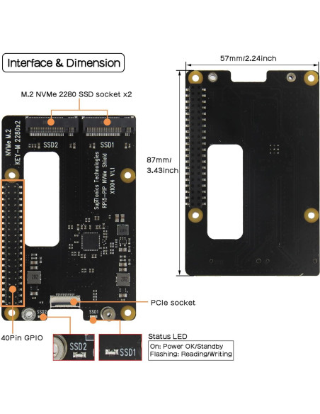 Geekworm X1004 PCIe Doble M.2 HAT NVMe 2280 para Raspberry Pi 5