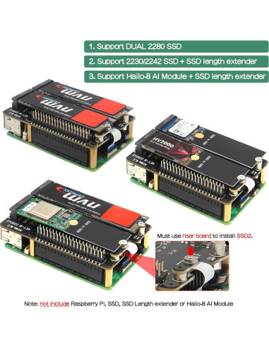 Geekworm X1004 PCIe Doble M.2 HAT NVMe 2280 para Raspberry Pi 5