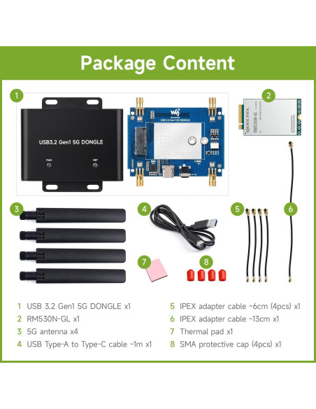 Placa de Expansión 5G Waveshare RM530N-GL, USB 3.2, Aluminio