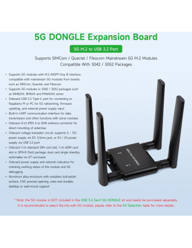 Placa de Expansión 5G Waveshare RM530N-GL, USB 3.2, Aluminio