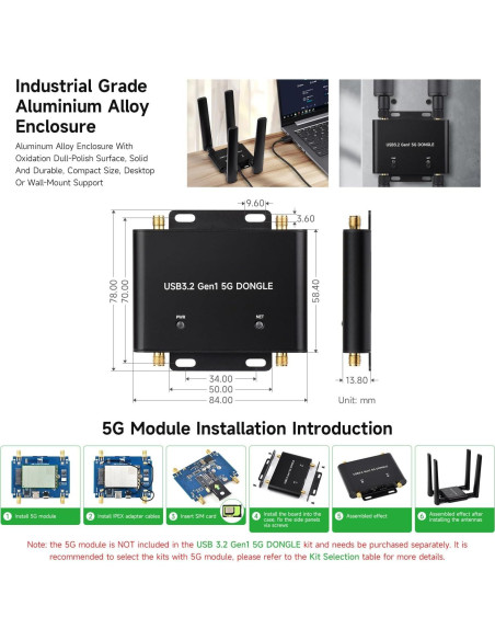 Placa de Expansión 5G Waveshare RM530N-GL, USB 3.2, Aluminio