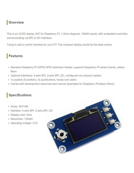 Pantalla OLED HAT 1.3" Waveshare 128x64 para Raspberry Pi