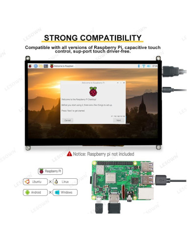 Monitor LCD Táctil 10.1" LESOWN 1024x600 HDMI para Raspberry Pi