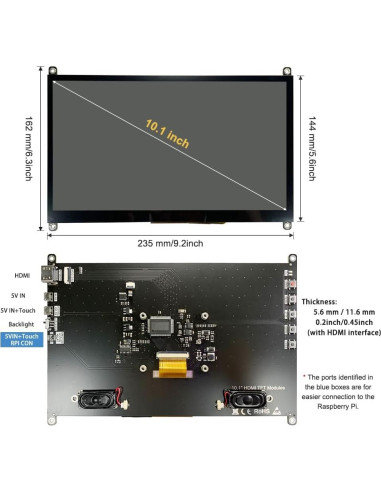 Monitor LCD Táctil 10.1" LESOWN 1024x600 HDMI para Raspberry Pi