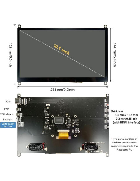 Monitor LCD Táctil 10.1" LESOWN 1024x600 HDMI para Raspberry Pi