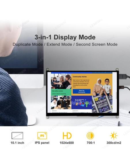 Monitor LCD Táctil 10.1" LESOWN 1024x600 HDMI para Raspberry Pi