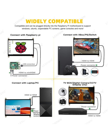 Monitor LCD Táctil 10.1" LESOWN 1024x600 HDMI para Raspberry Pi