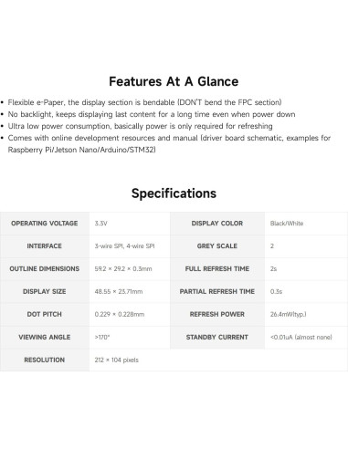 Pantalla E-Ink Flexible 2.13" Waveshare 212x104 SPI
