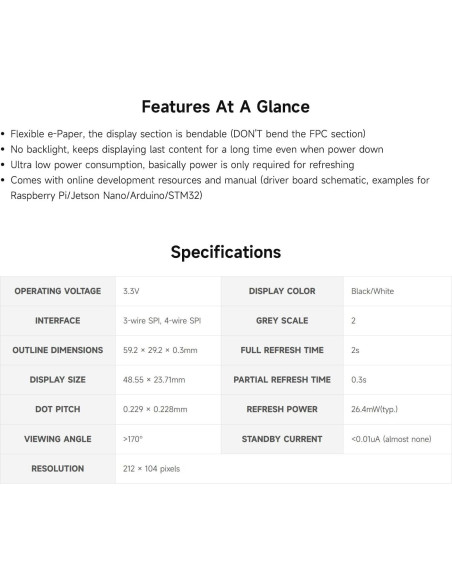 Pantalla E-Ink Flexible 2.13" Waveshare 212x104 SPI
