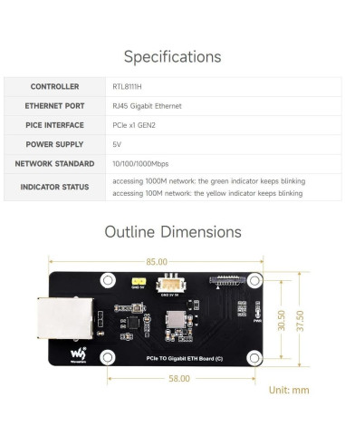Placa ETH Gigabit PCIe Waveshare para Raspberry Pi 5
