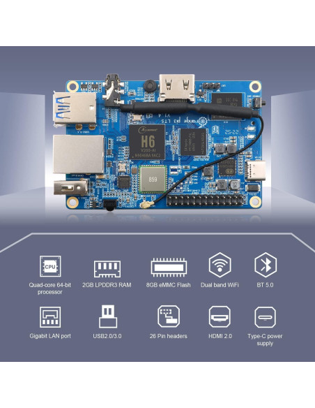Computadora de Placa Única Orange Pi 3 LTS 2GB RAM 8GB eMMC