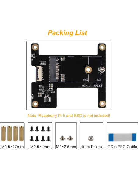 Adaptador SSD NVMe M.2 Key-M ZDE ZP513 para Raspberry Pi 5