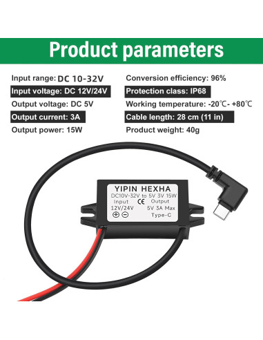 Convertidor DC 24V/12V a 5V USB Tipo-C YIPIN HEXHA 3A 15W