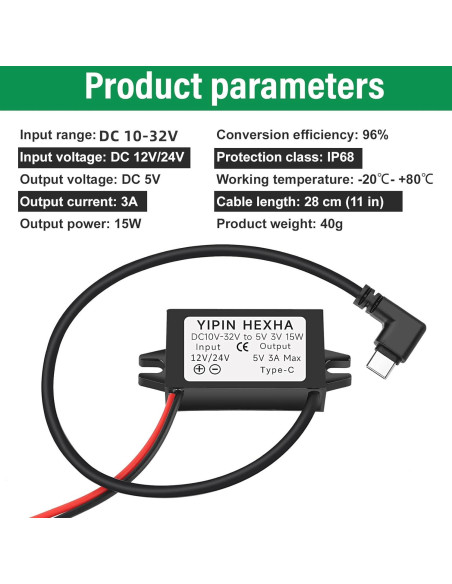 Convertidor DC 24V/12V a 5V USB Tipo-C YIPIN HEXHA 3A 15W
