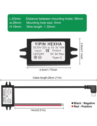 Convertidor DC 24V/12V a 5V USB Tipo-C YIPIN HEXHA 3A 15W