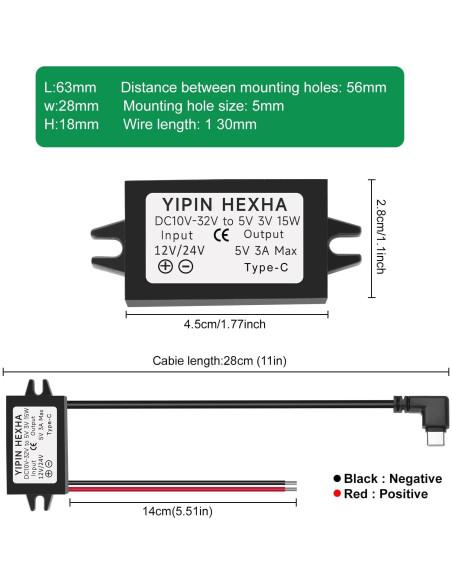 Convertidor DC 24V/12V a 5V USB Tipo-C YIPIN HEXHA 3A 15W