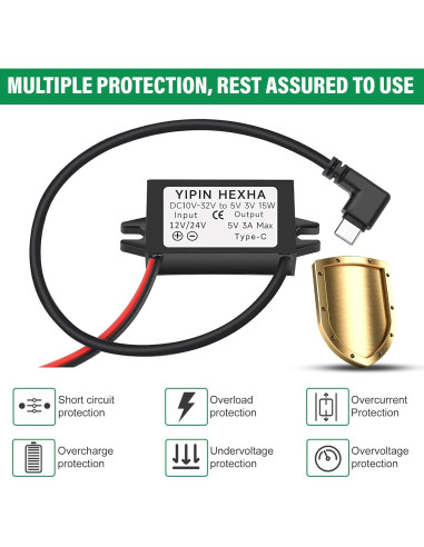 Convertidor DC 24V/12V a 5V USB Tipo-C YIPIN HEXHA 3A 15W