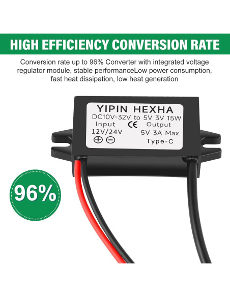 Convertidor DC 24V/12V a 5V USB Tipo-C YIPIN HEXHA 3A 15W