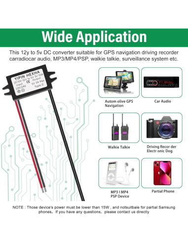 Convertidor DC 24V/12V a 5V USB Tipo-C YIPIN HEXHA 3A 15W